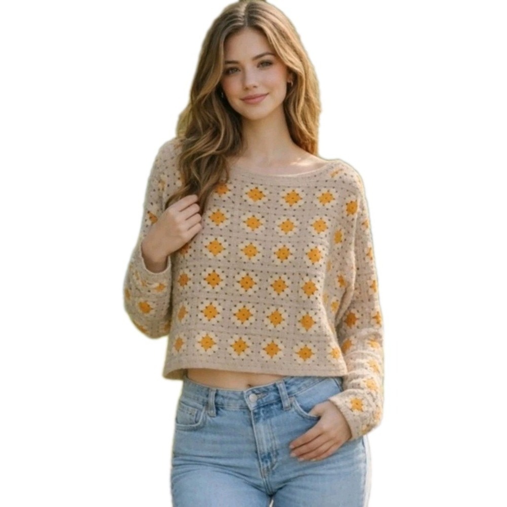 Industry Crochet Granny Square Crop Sweater Beige M Layer